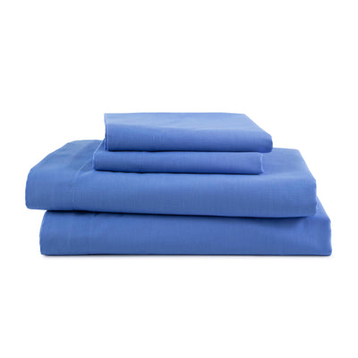 Four pieces of blue sheets stacked neatly, including fitted and flat sheets with pillowcases.