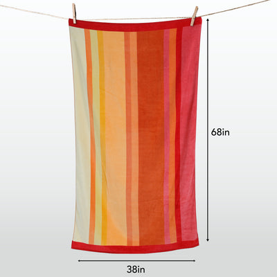 Colorful striped towel hanging on a line with measurements indicated.