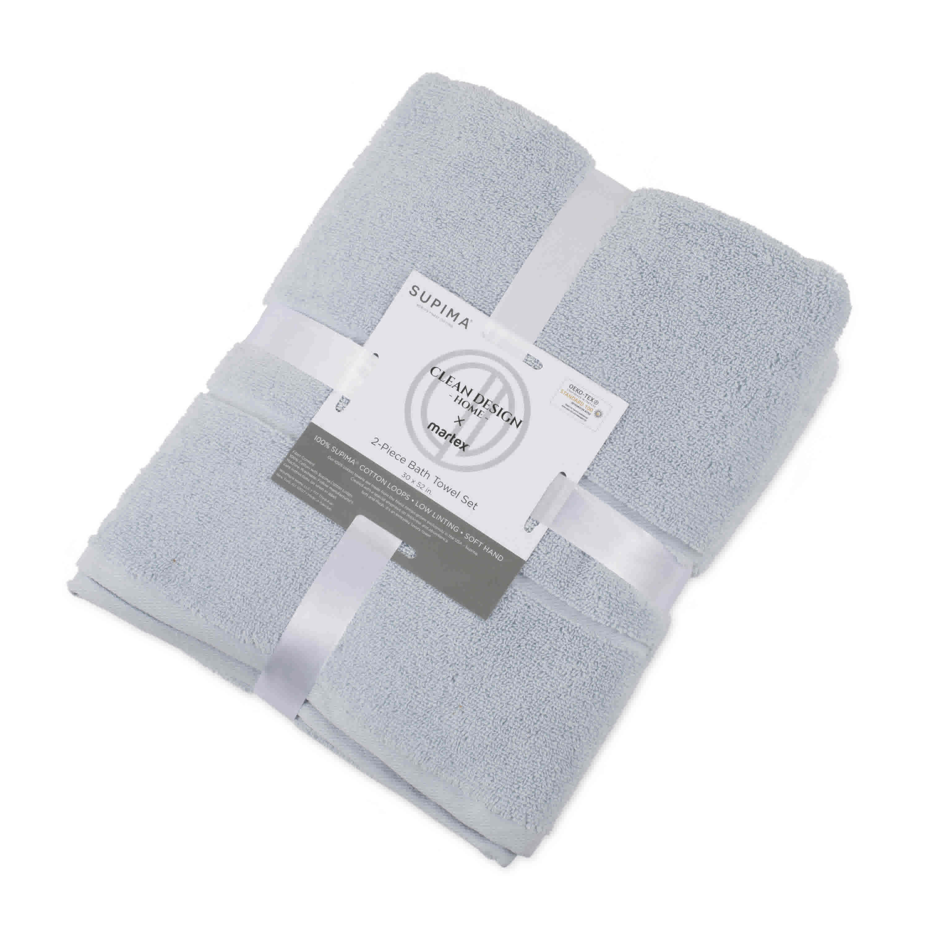 Two light blue bath towels neatly folded and secured with a white ribbon and label.