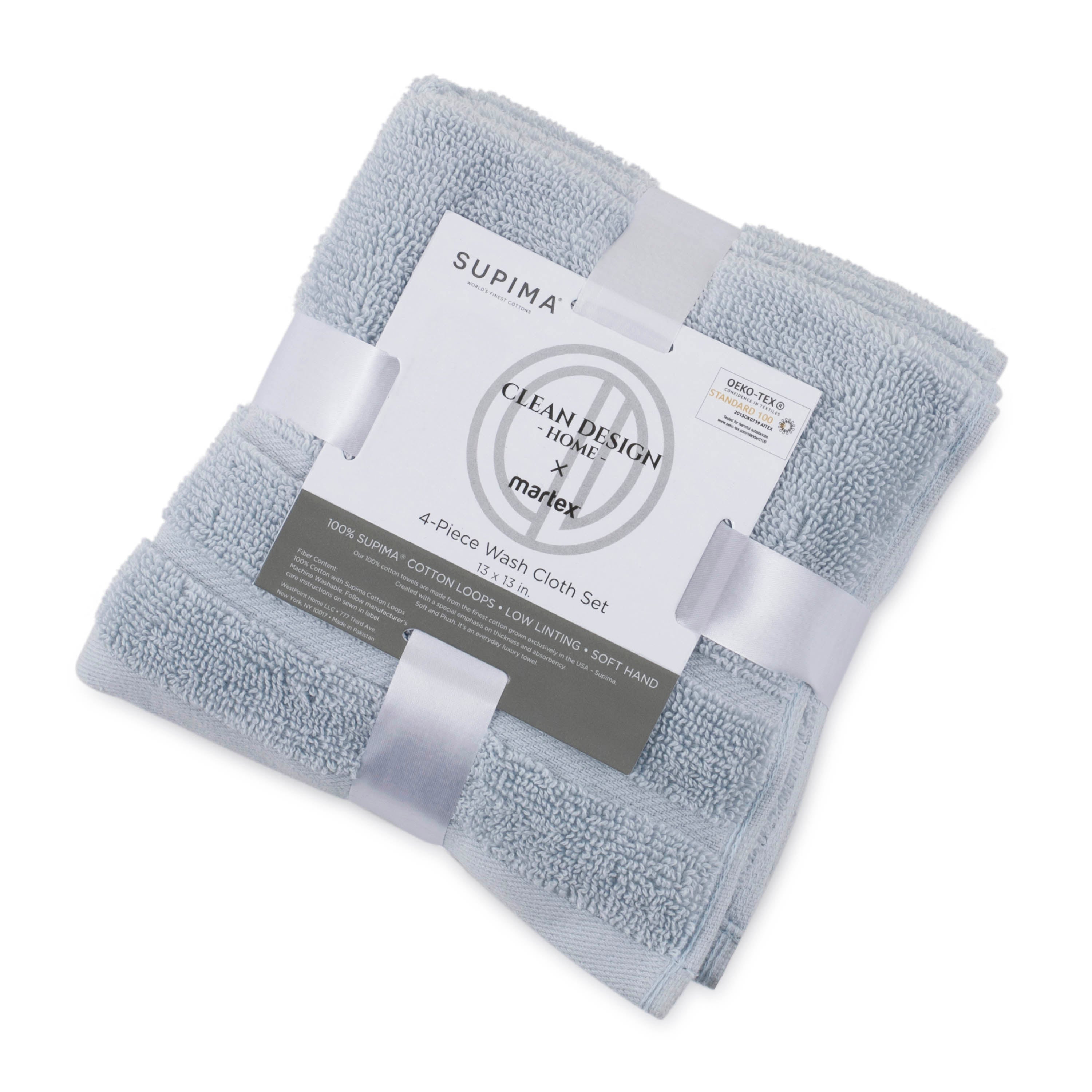 Four soft blue wash cloths neatly stacked and wrapped with a label indicating the product details.