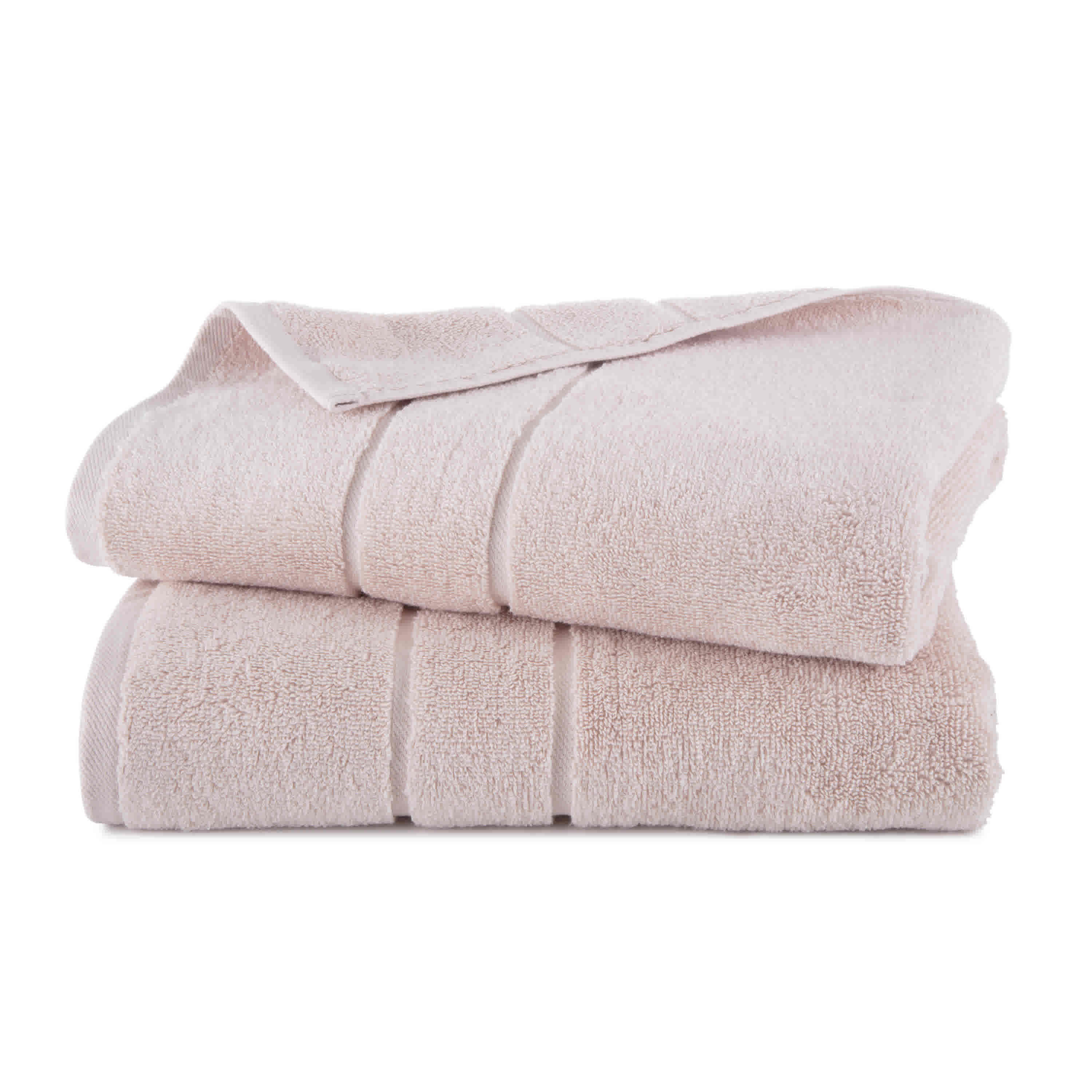 Two stacked bath towels in a soft pink color with a textured surface.