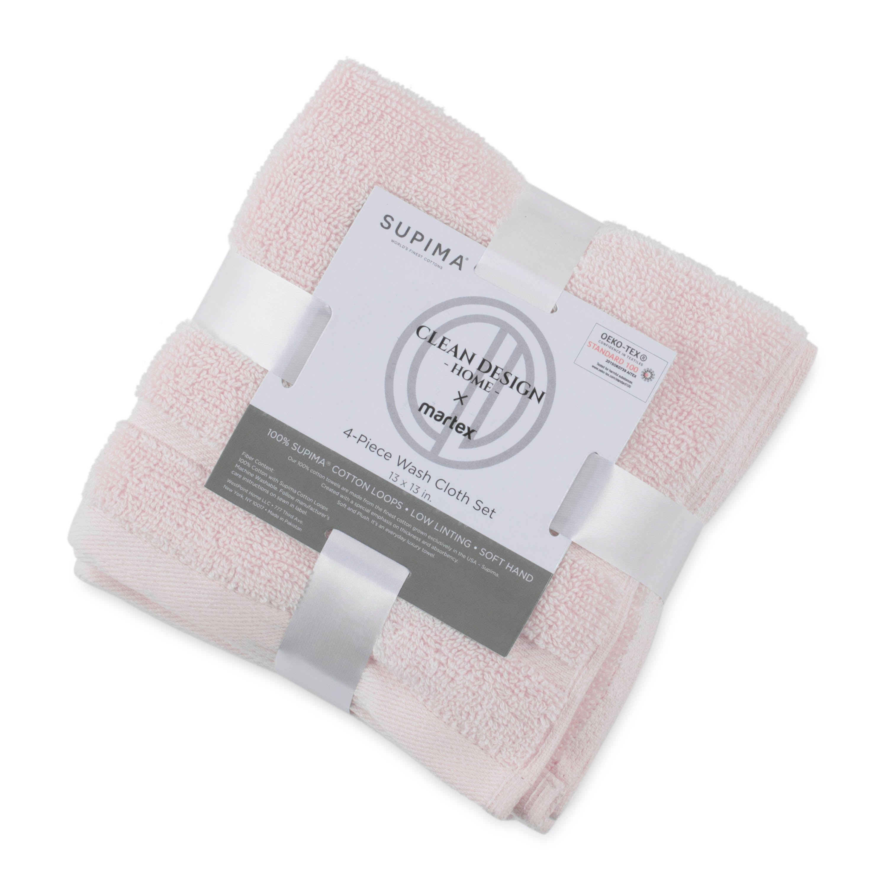 Four pink wash cloths neatly stacked and wrapped with a label indicating the product details.