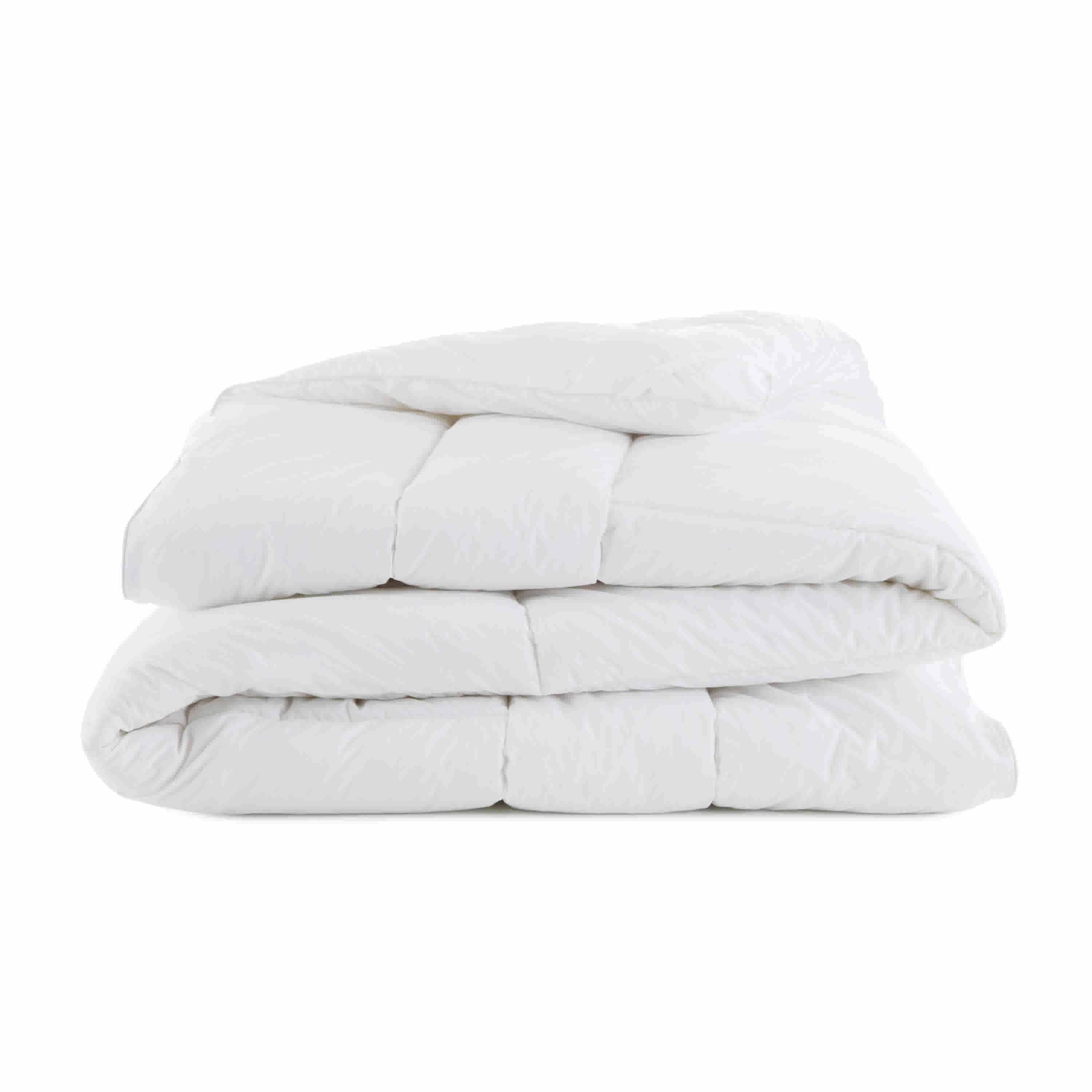 White down alternative comforter, folded and stacked with a quilted design.