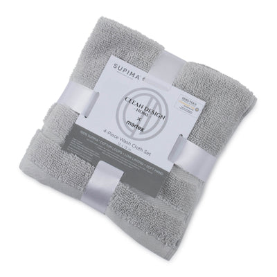 Gray wash cloth set featuring four pieces, neatly bundled with a label and ribbon.