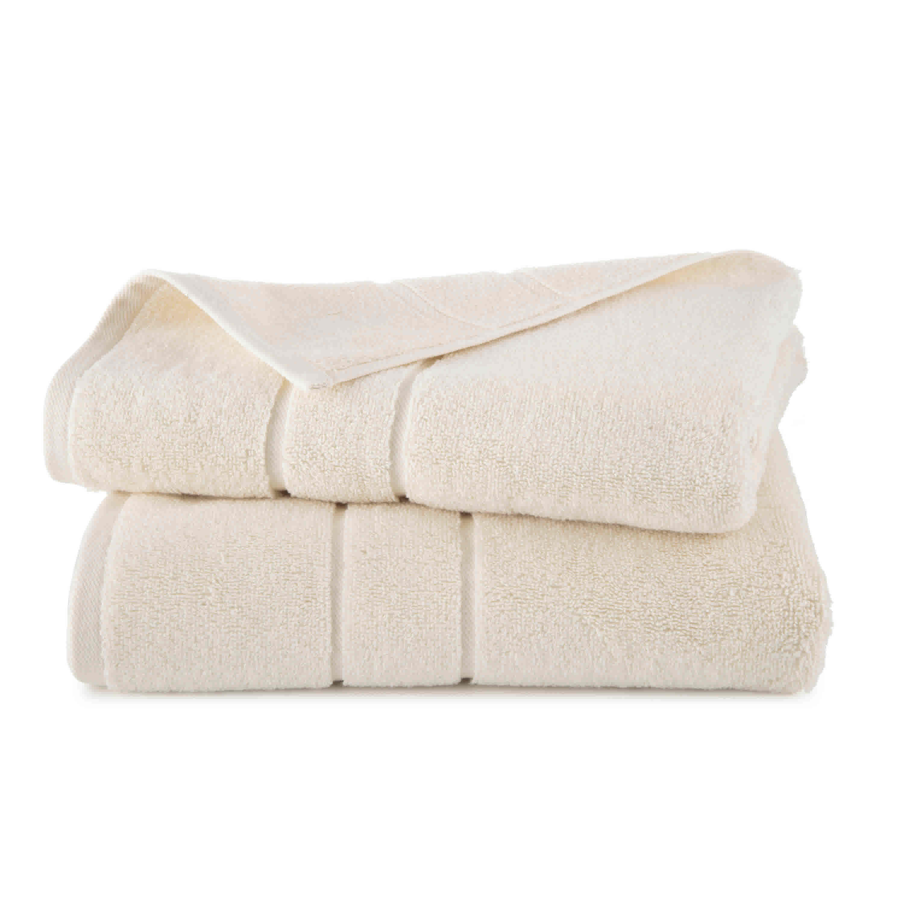 Two stacked bath towels in a light beige color with a textured finish.