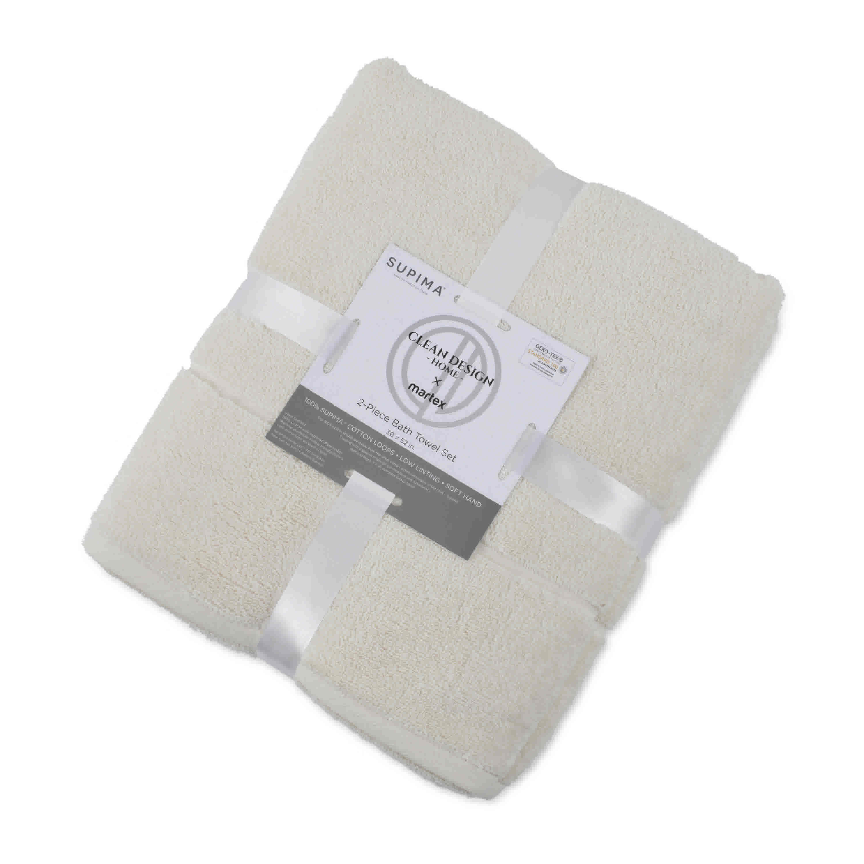 Two folded bath towels in a light beige color, secured with a ribbon and a label detailing the product.