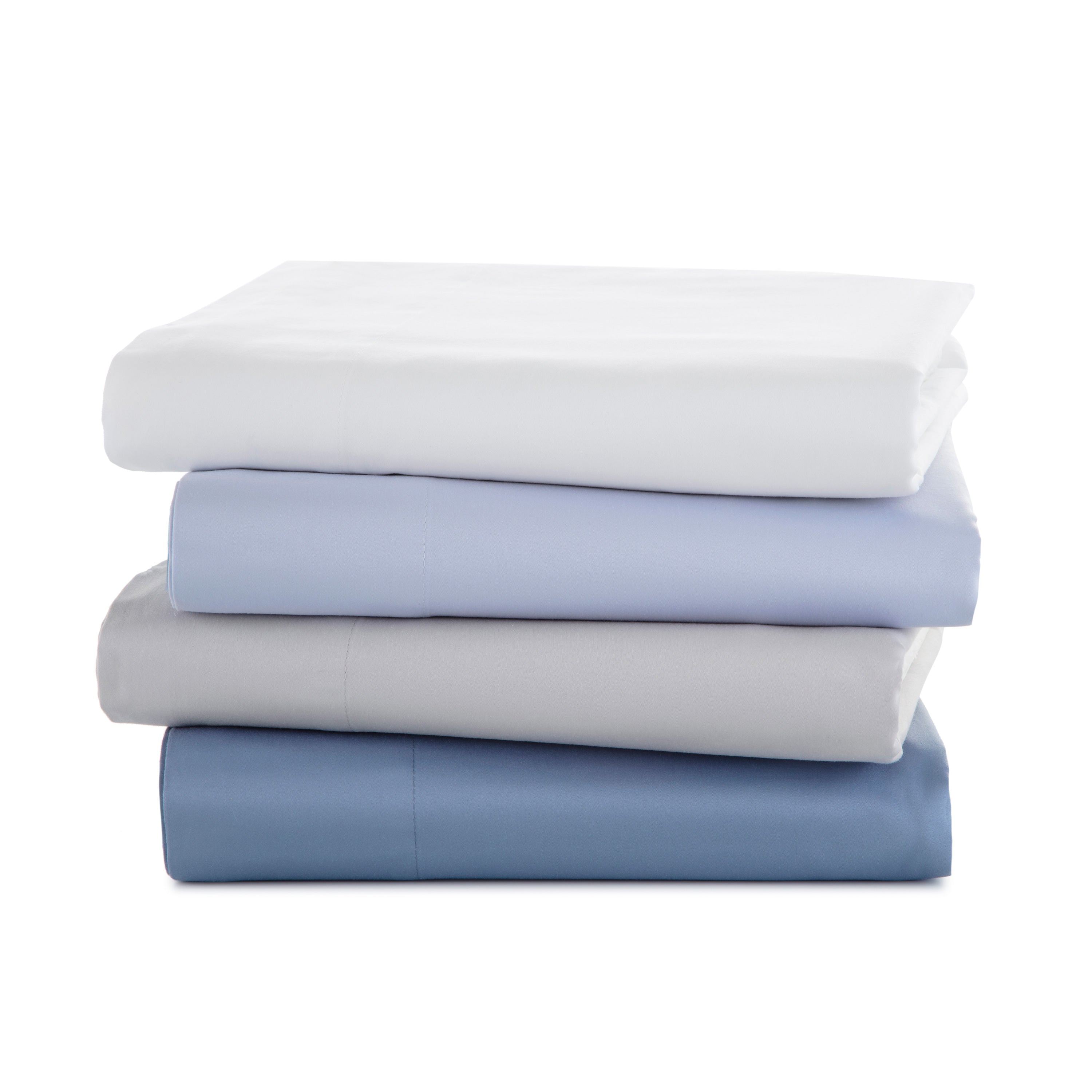 Four stacked sheet sets in white, light blue, gray, and dark blue colors.