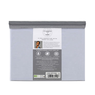Gray packaging for a Clean Design Home 400 thread count sheet set, featuring allergen barrier details and care instructions.