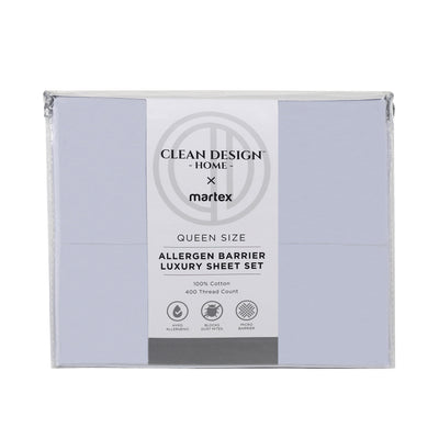 Queen size sheet set packaging with allergen barrier, 400 thread count, and 100% cotton material.