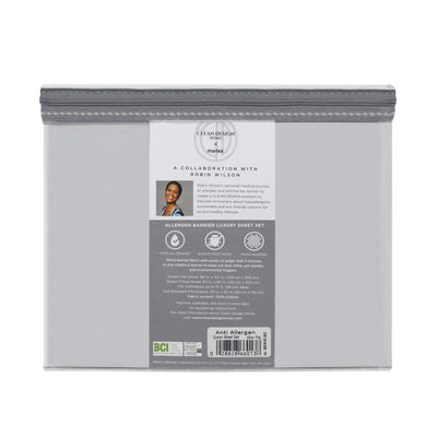 Gray packaging for a 400 thread count allergen barrier sheet set, featuring product details and care instructions on the back