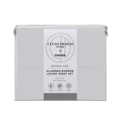 Queen size sheet set packaging with allergen barrier, 400 thread count, and 100% cotton material.