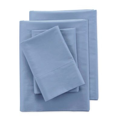 Set of light blue sheets, including fitted and flat sheets along with pillowcases, neatly arranged.