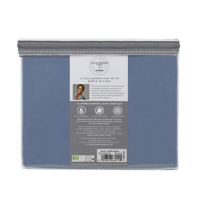 Sheet set packaging featuring a blue cover with product details and allergen barrier information on the back.
