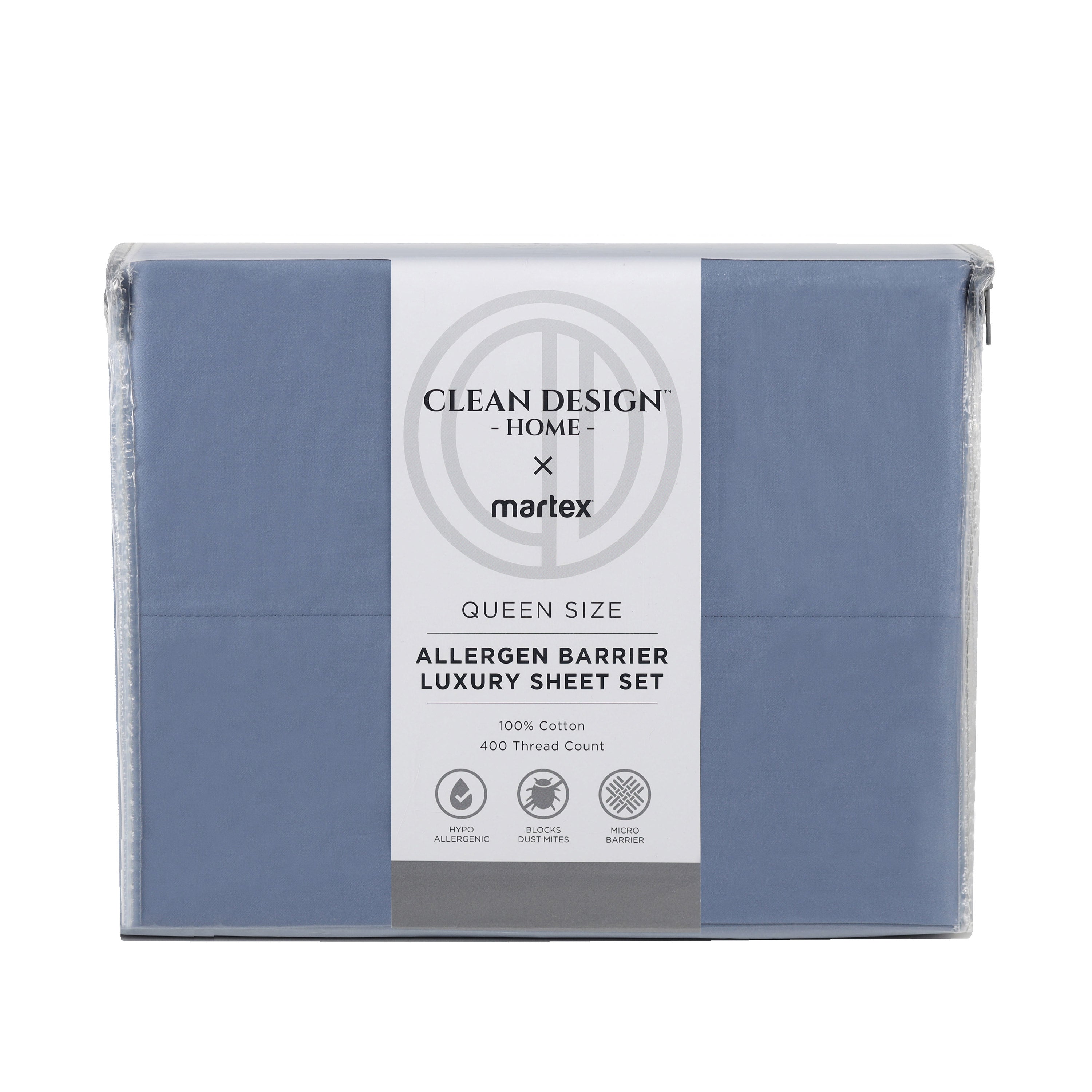 Queen size sheet set in blue packaging with allergen barrier and 400 thread count details.