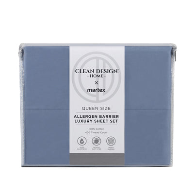 Queen size sheet set in blue packaging with allergen barrier and 400 thread count details.
