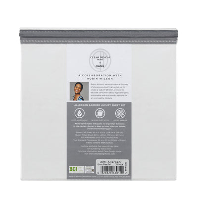 Sheet set packaging featuring allergen barrier information and care instructions, with a photo of Robin Wilson.