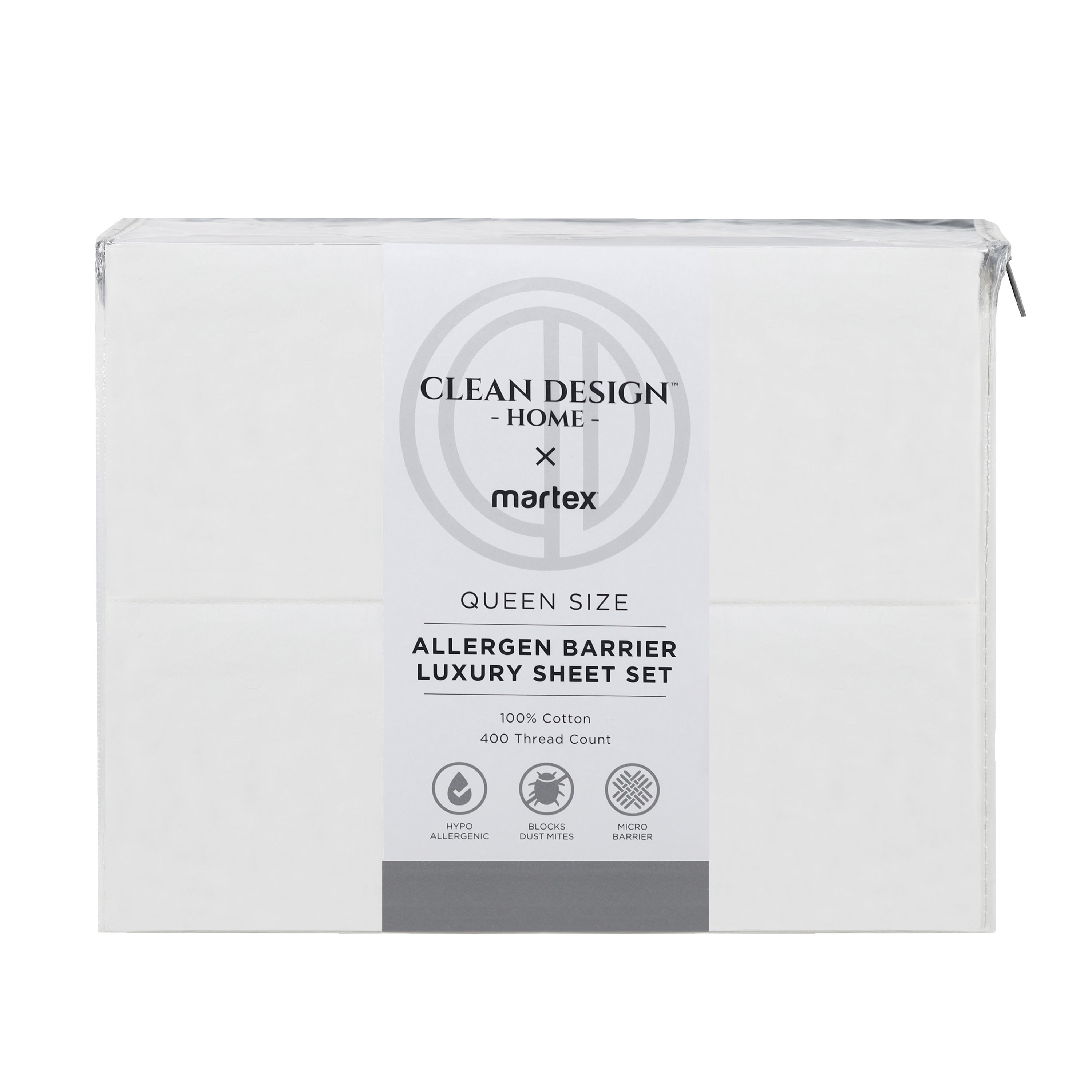 White sheet set packaging with a label indicating queen size and allergen barrier features.