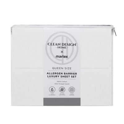 White sheet set packaging with a label indicating queen size and allergen barrier features.