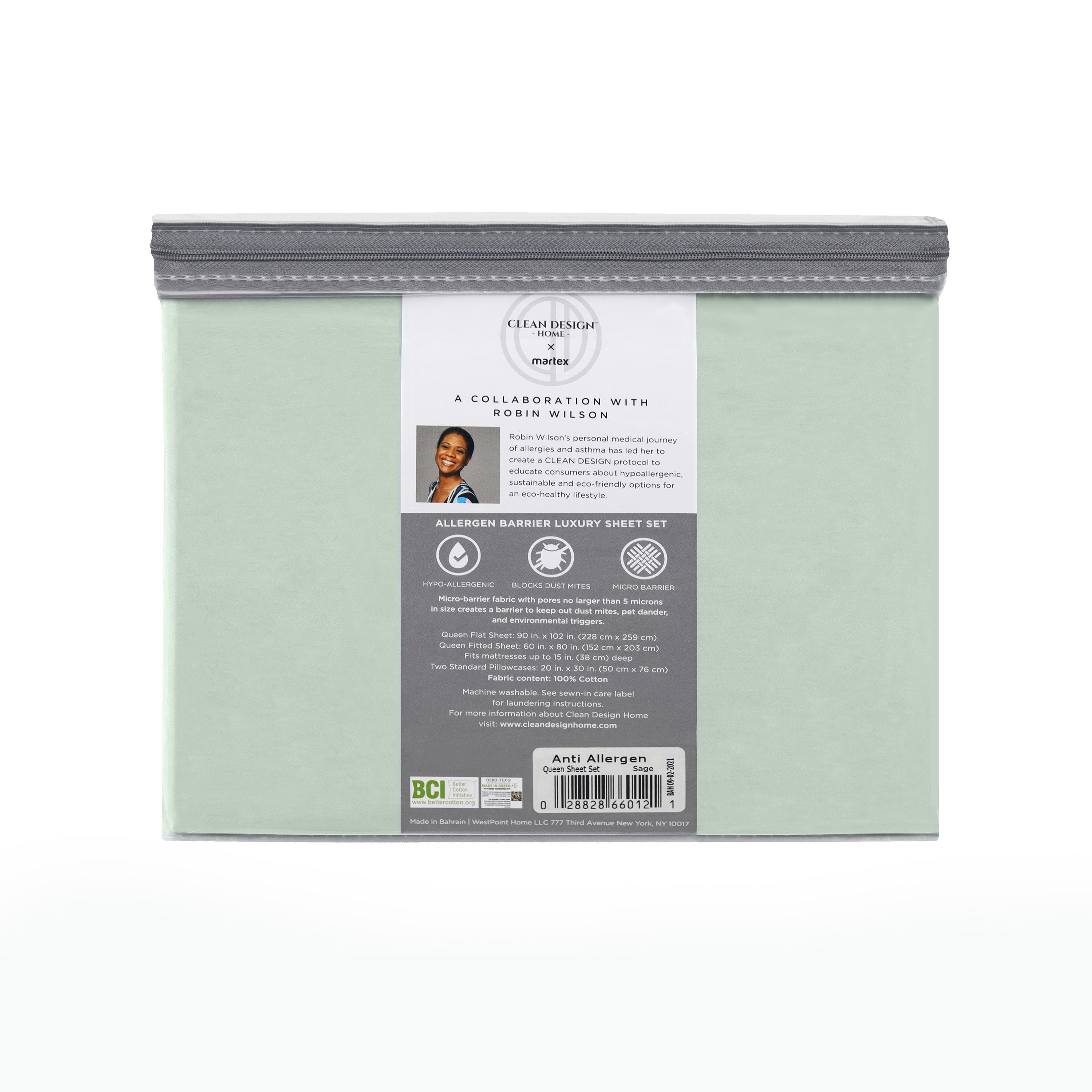 Light green packaging for a 400 thread count allergen barrier sheet set with product details on the back.