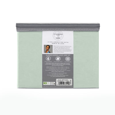 Light green packaging for a 400 thread count allergen barrier sheet set with product details on the back.