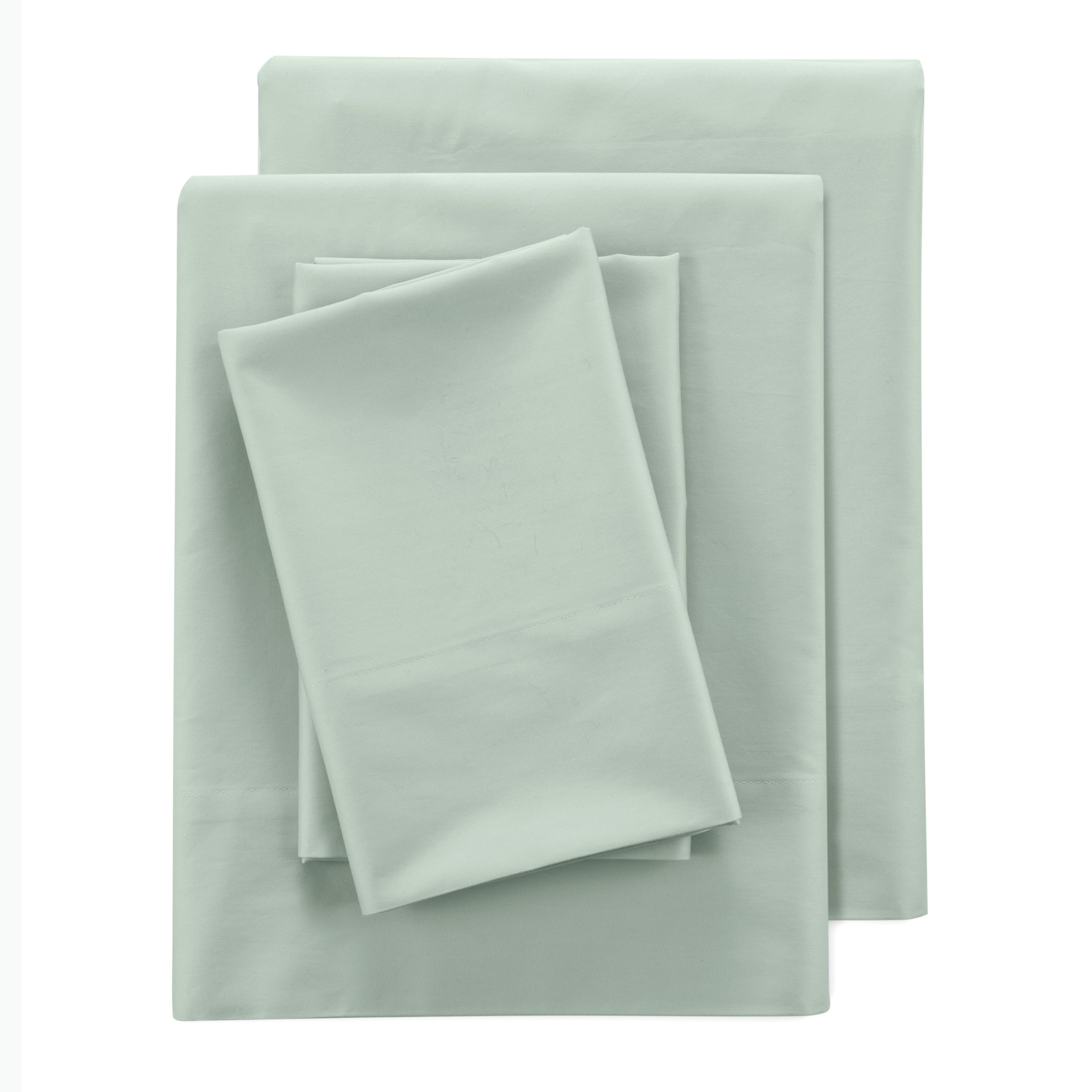 Four-piece sheet set in a light green color, featuring flat and fitted sheets along with pillowcases.