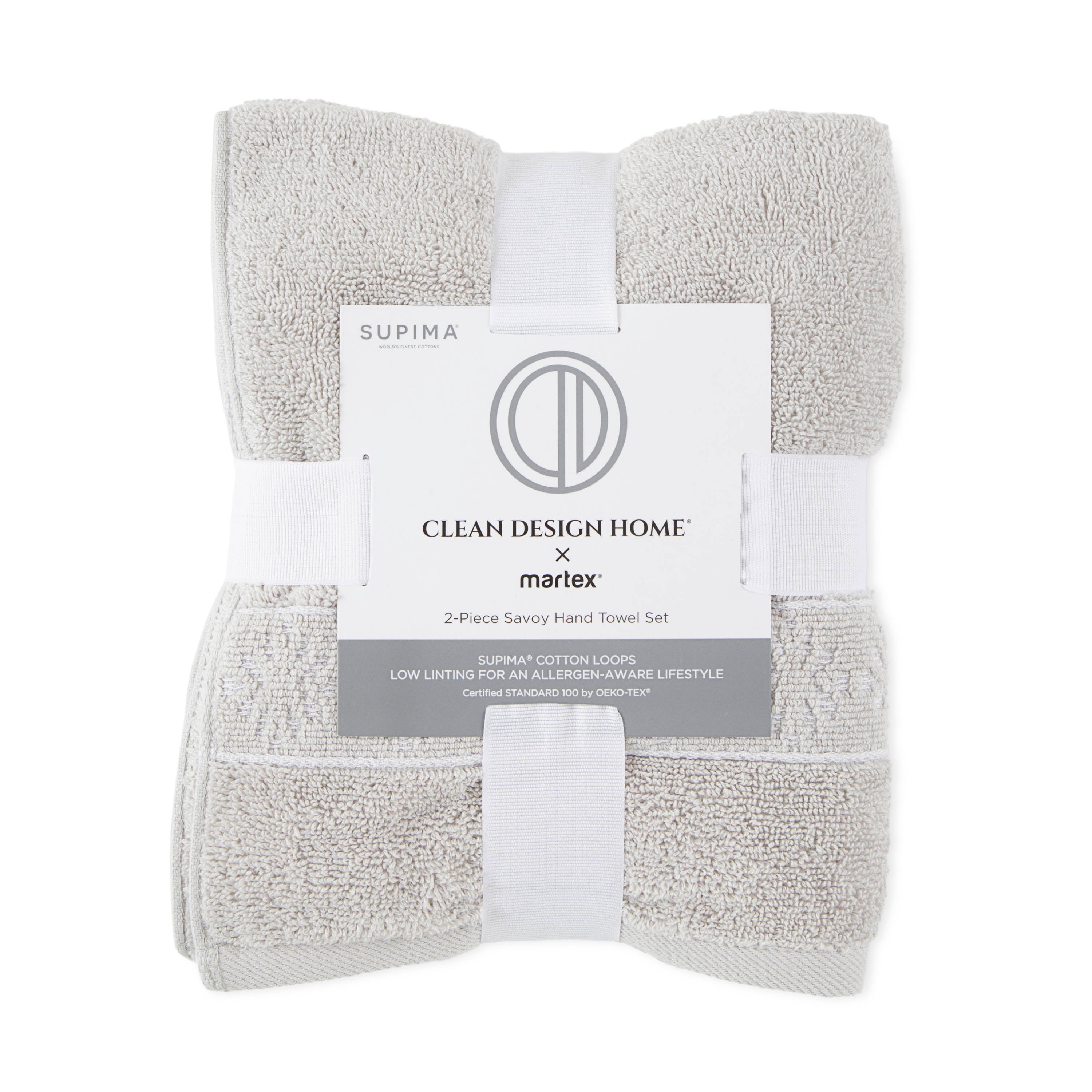 Two-piece hand towel set in light gray, featuring Supima cotton loops and a branded label.