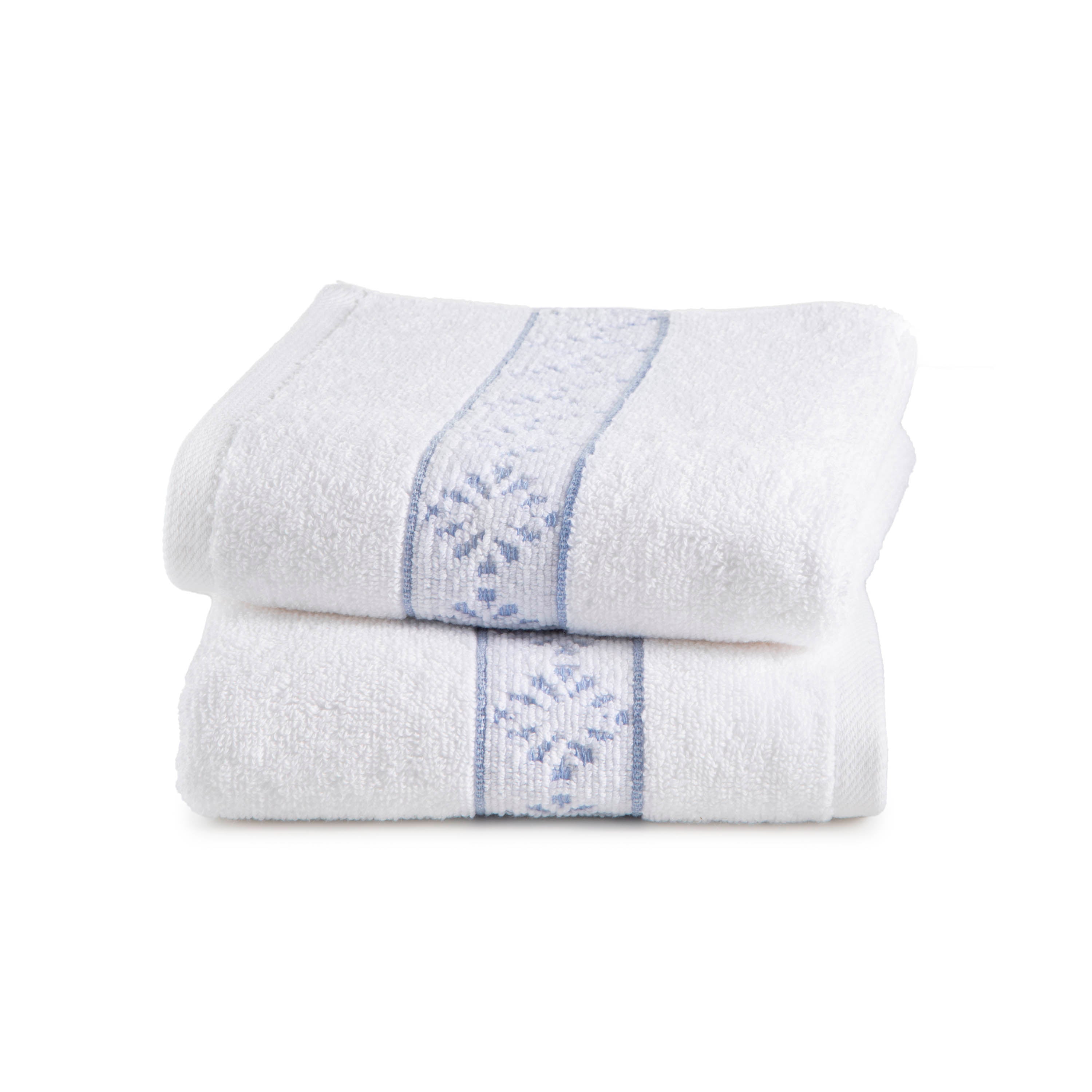 Two stacked white towels with a light blue decorative stripe and floral pattern.
