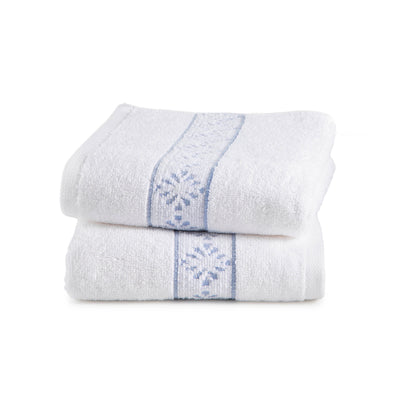 Two stacked white towels with a light blue decorative stripe and floral pattern.