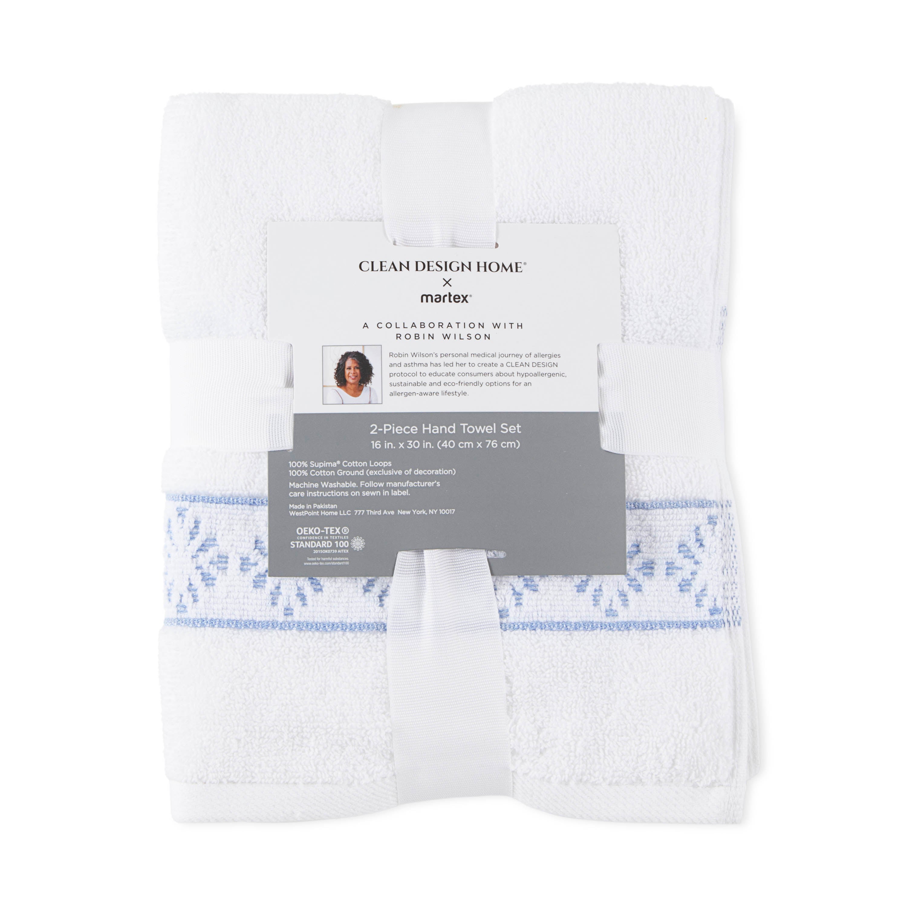 Two-piece hand towel set featuring a white base with blue decorative patterns, secured with a ribbon.