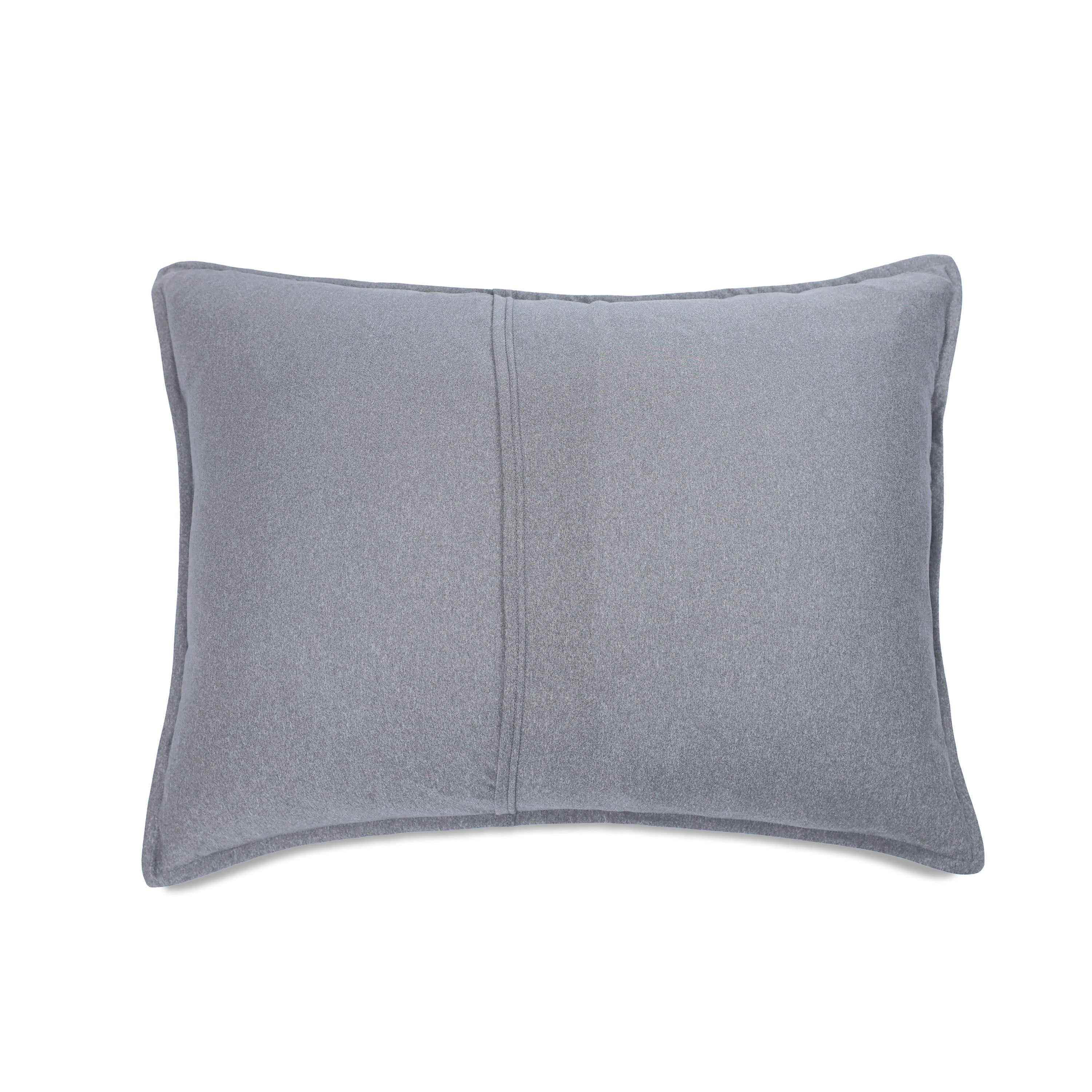 Gray decorative pillow with a textured surface and two vertical seams.