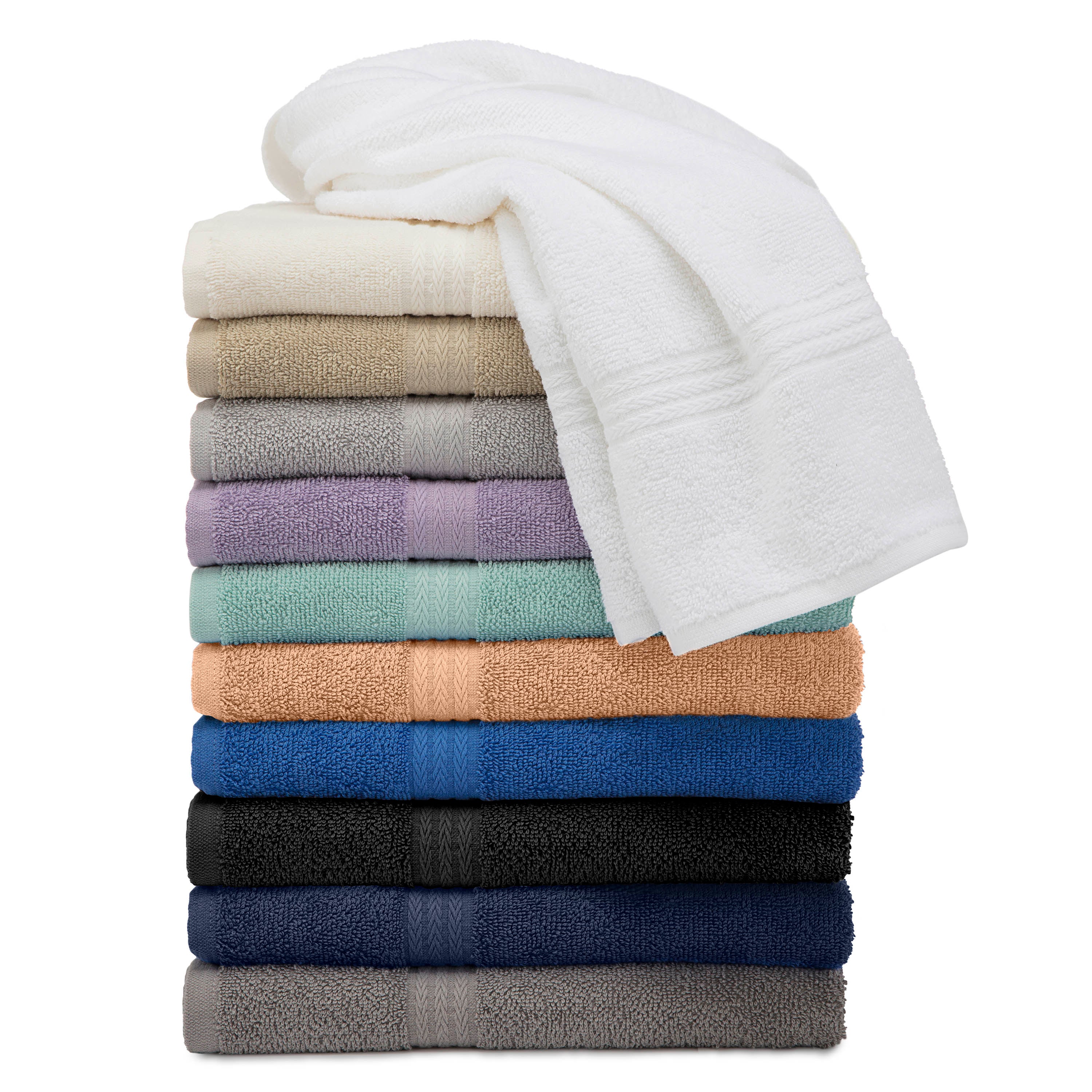Stack of 12 towels in various colors, including white, beige, gray, purple, teal, orange, blue, and black.