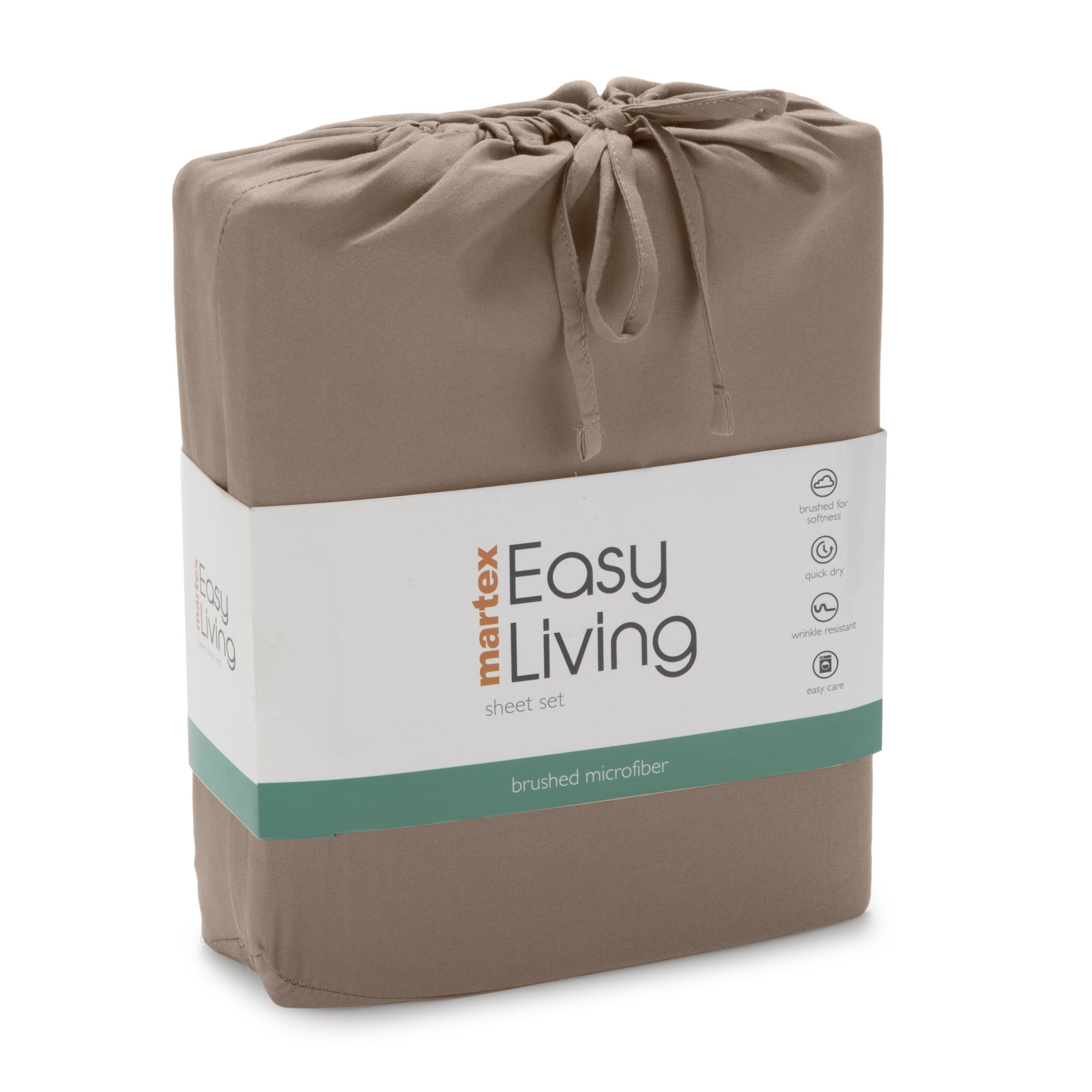 Tan sheet set packaged with a tied top and labeled with product details and features.