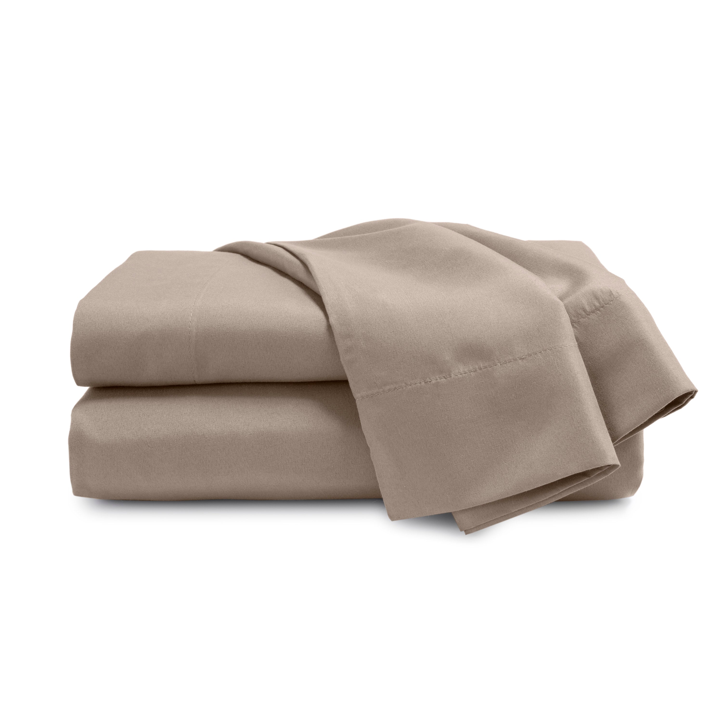 Brushed microfiber sheet set in a neutral beige color, neatly folded with a smooth texture.