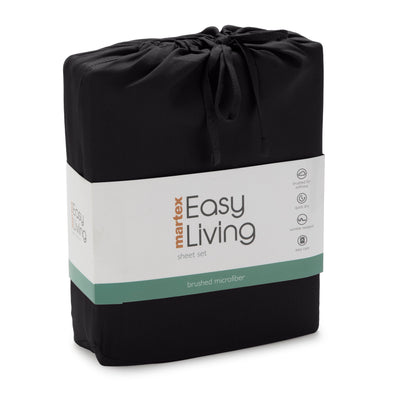 Black brushed microfiber sheet set packaged with a tied closure and labeled with product details.