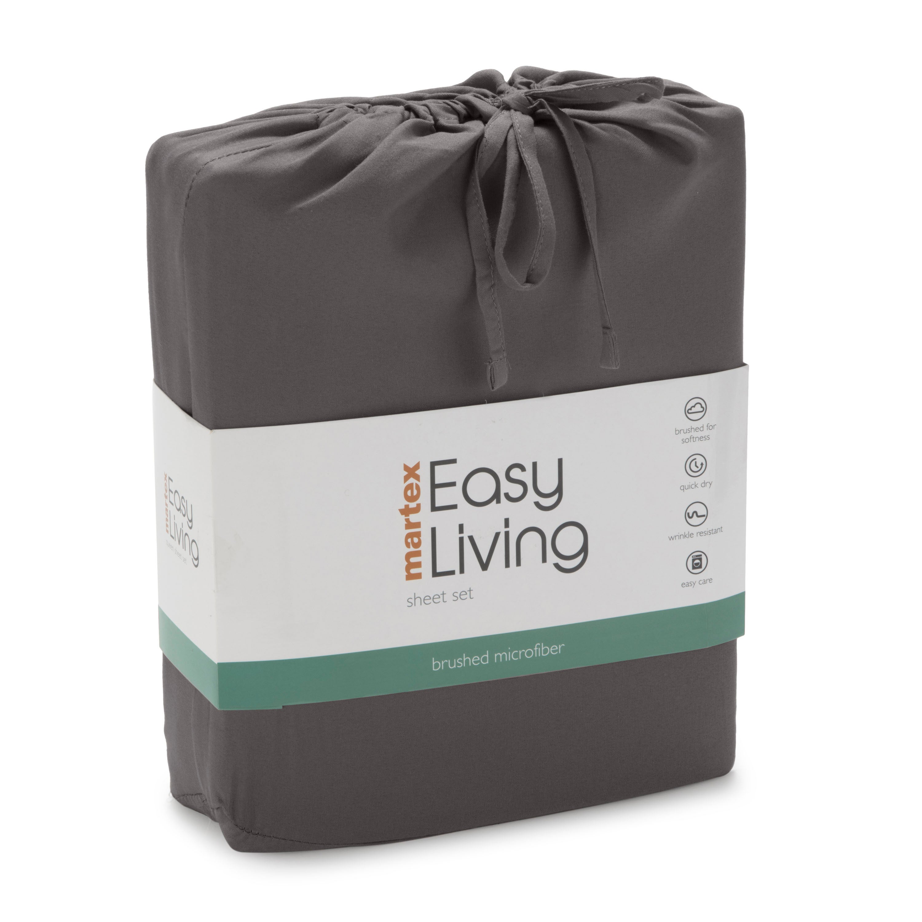 Gray brushed microfiber sheet set packaged with a tied closure and labeled with product details.