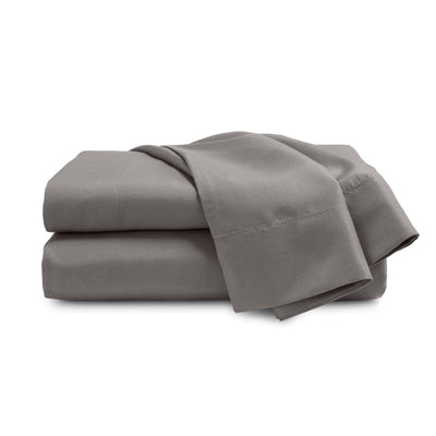 Gray brushed microfiber sheet set neatly folded with a smooth texture.