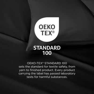 Black brushed microfiber sheets with Oeko-Tex® Standard 100 certification for textile safety.