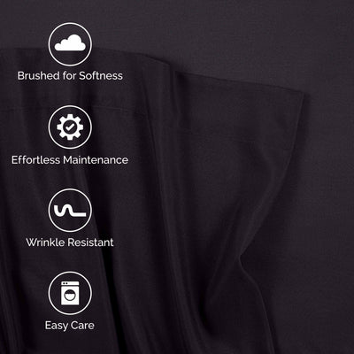 Dark brushed microfiber fabric with icons indicating softness, maintenance, wrinkle resistance, and easy care.