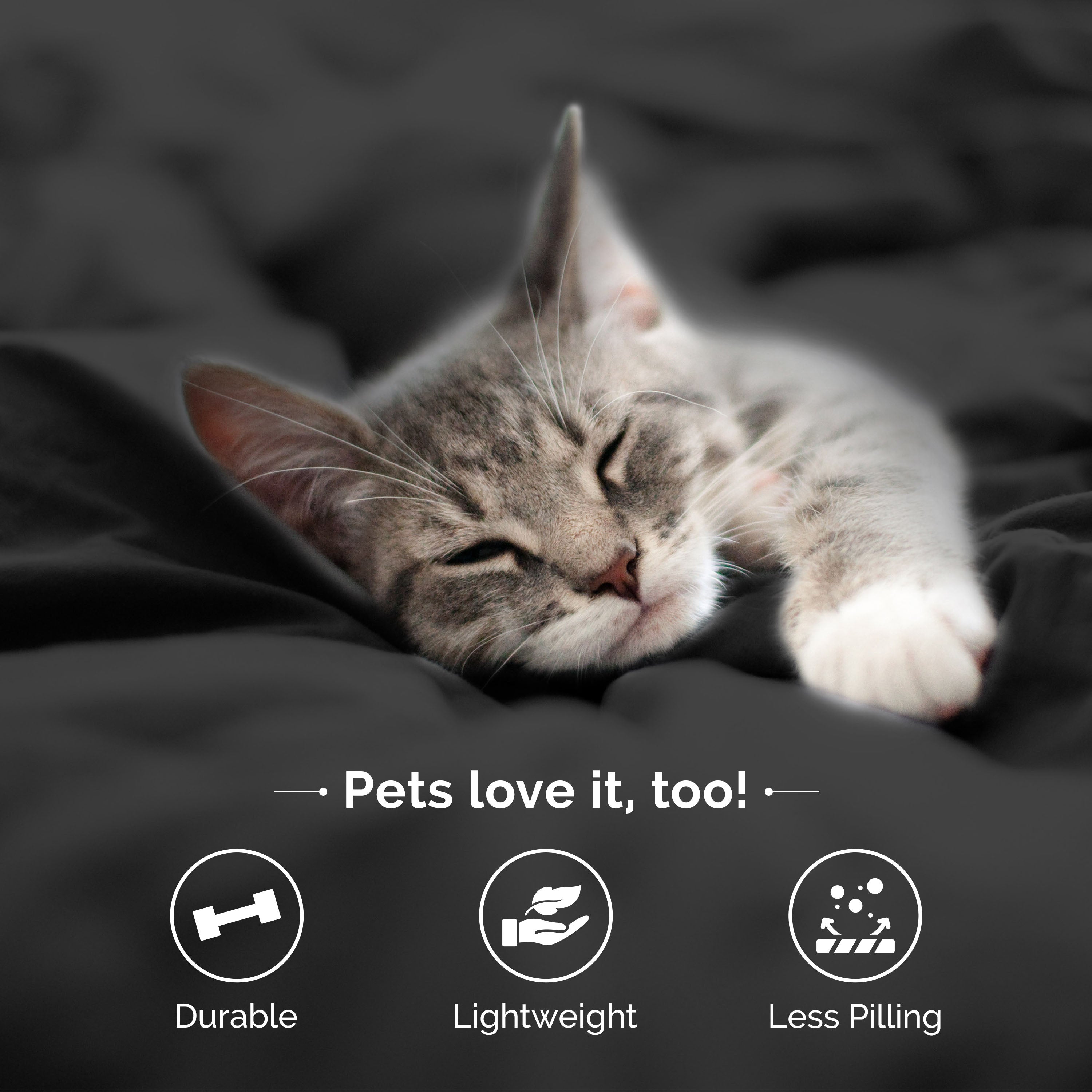 A sleeping gray tabby cat rests on a dark bedspread, with icons indicating durability, lightweight, and less pilling.