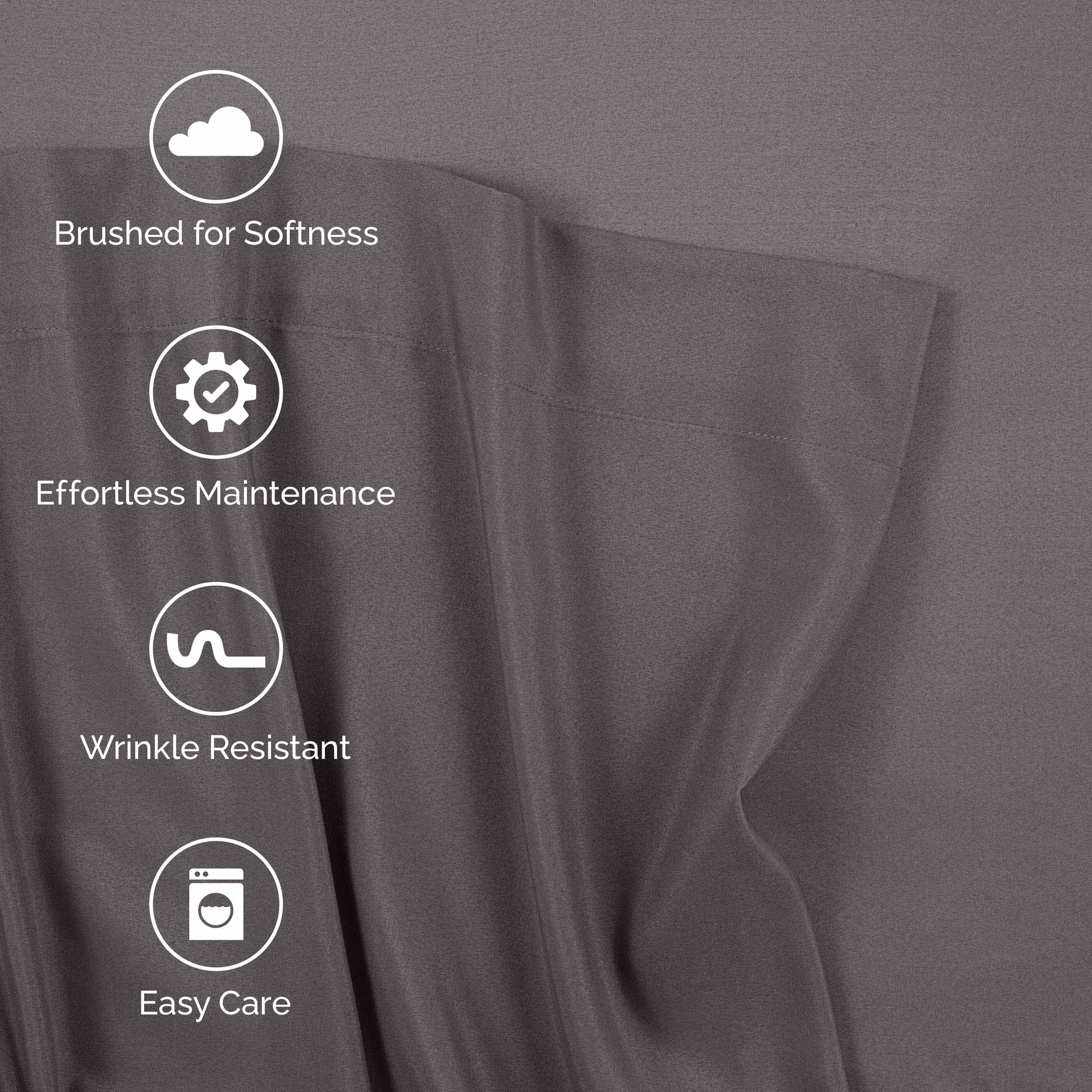 Gray brushed microfiber sheet set with icons indicating softness, maintenance, wrinkle resistance, and easy care.