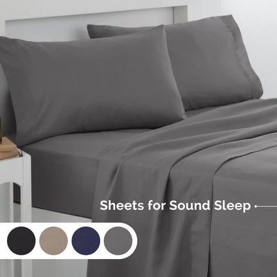 Gray brushed microfiber sheet set with two matching pillowcases on a bed, displayed with color options below.