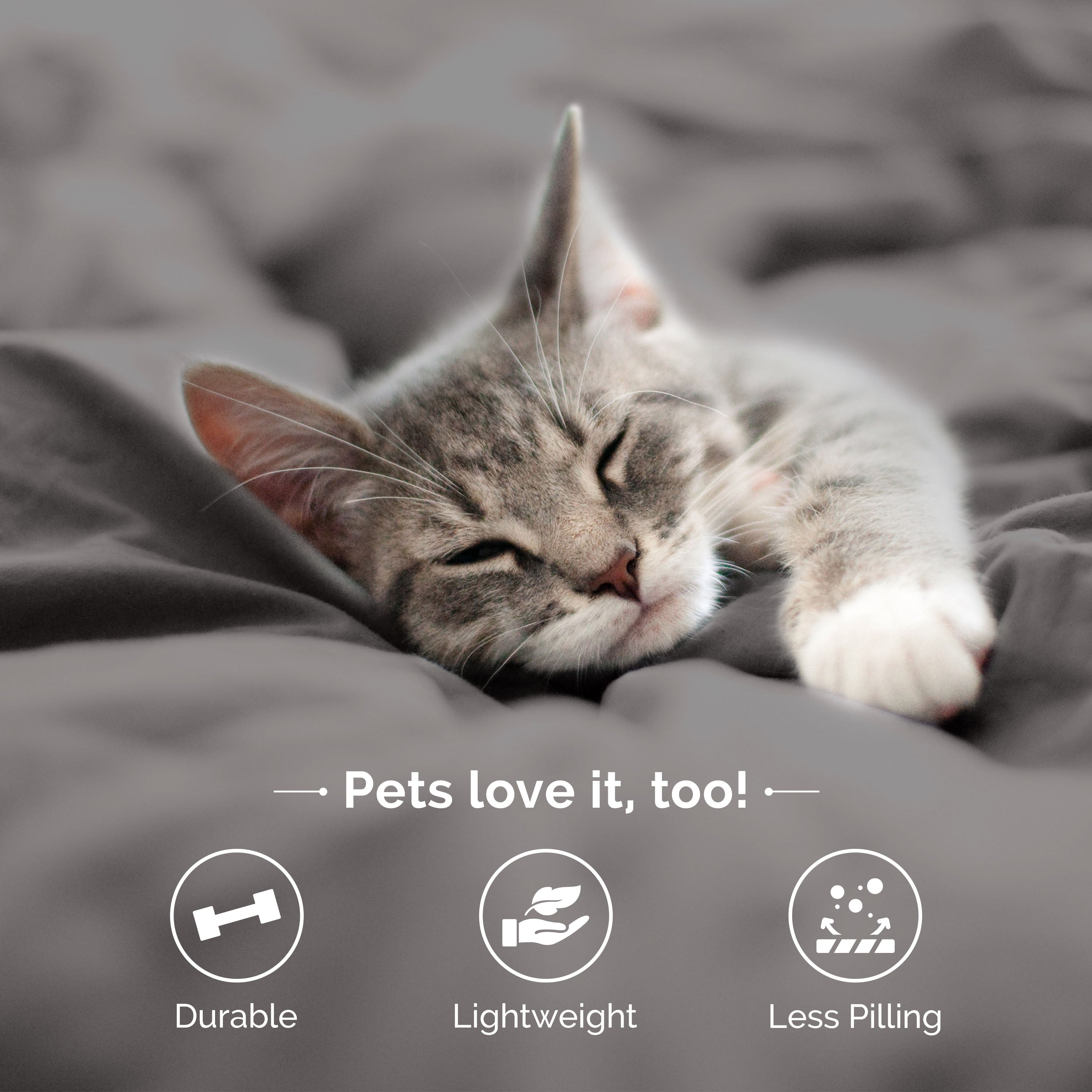A gray cat sleeps on a soft, gray bedspread with text highlighting durability, lightweight, and less pilling.
