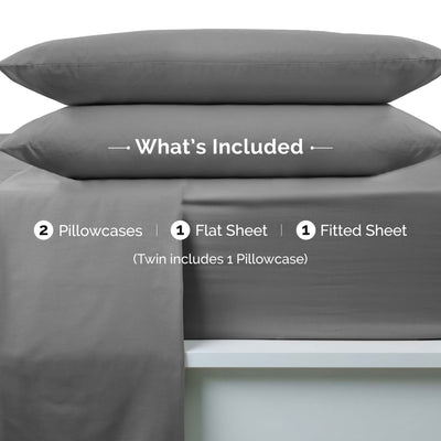 Gray brushed microfiber sheet set with two pillowcases, one flat sheet, and one fitted sheet.