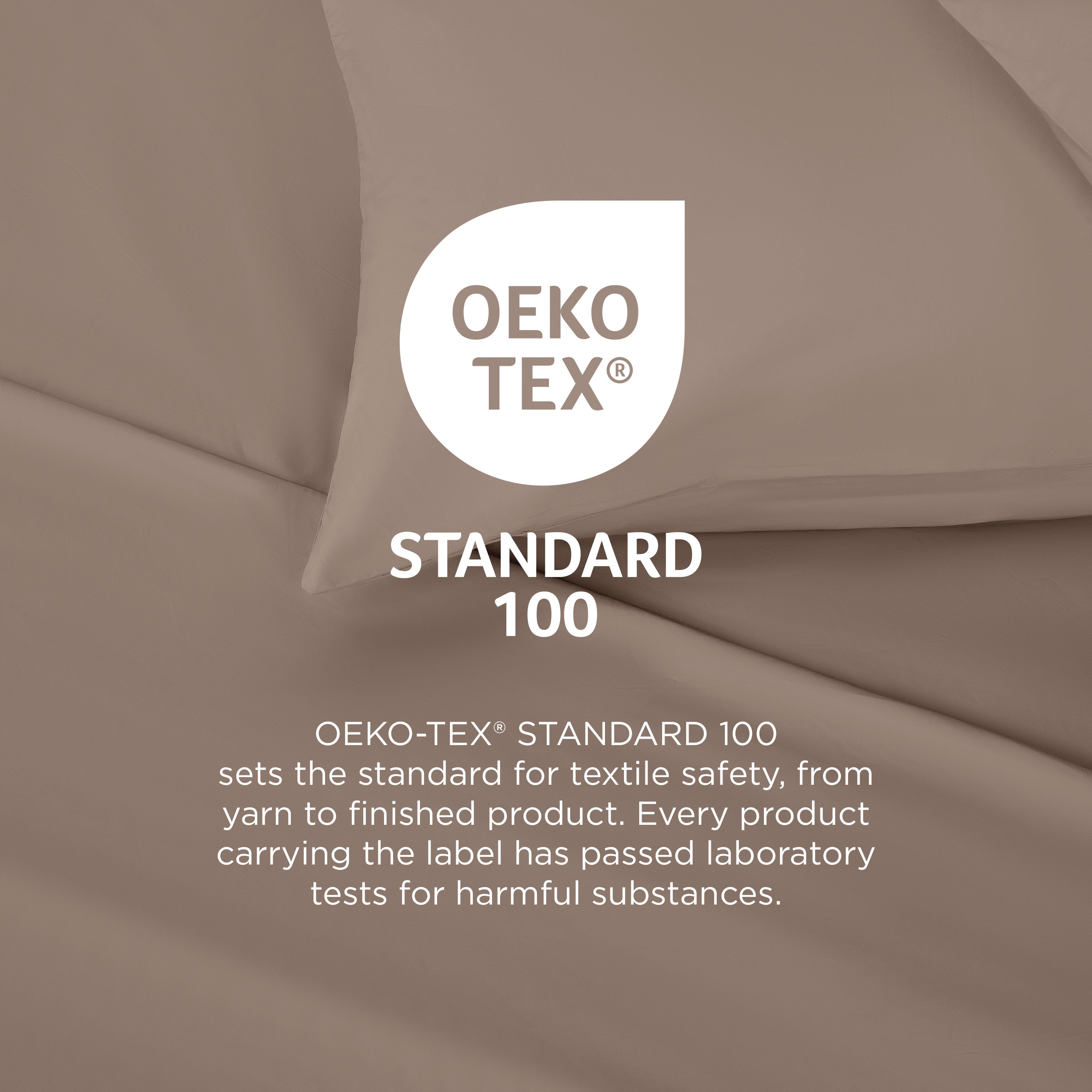 Oeko-Tex Standard 100 certification logo on brushed microfiber sheets, indicating safety from harmful substances.