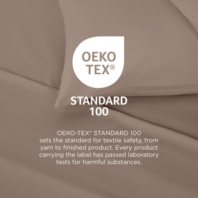 Oeko-Tex Standard 100 certification logo on brushed microfiber sheets, indicating safety from harmful substances.