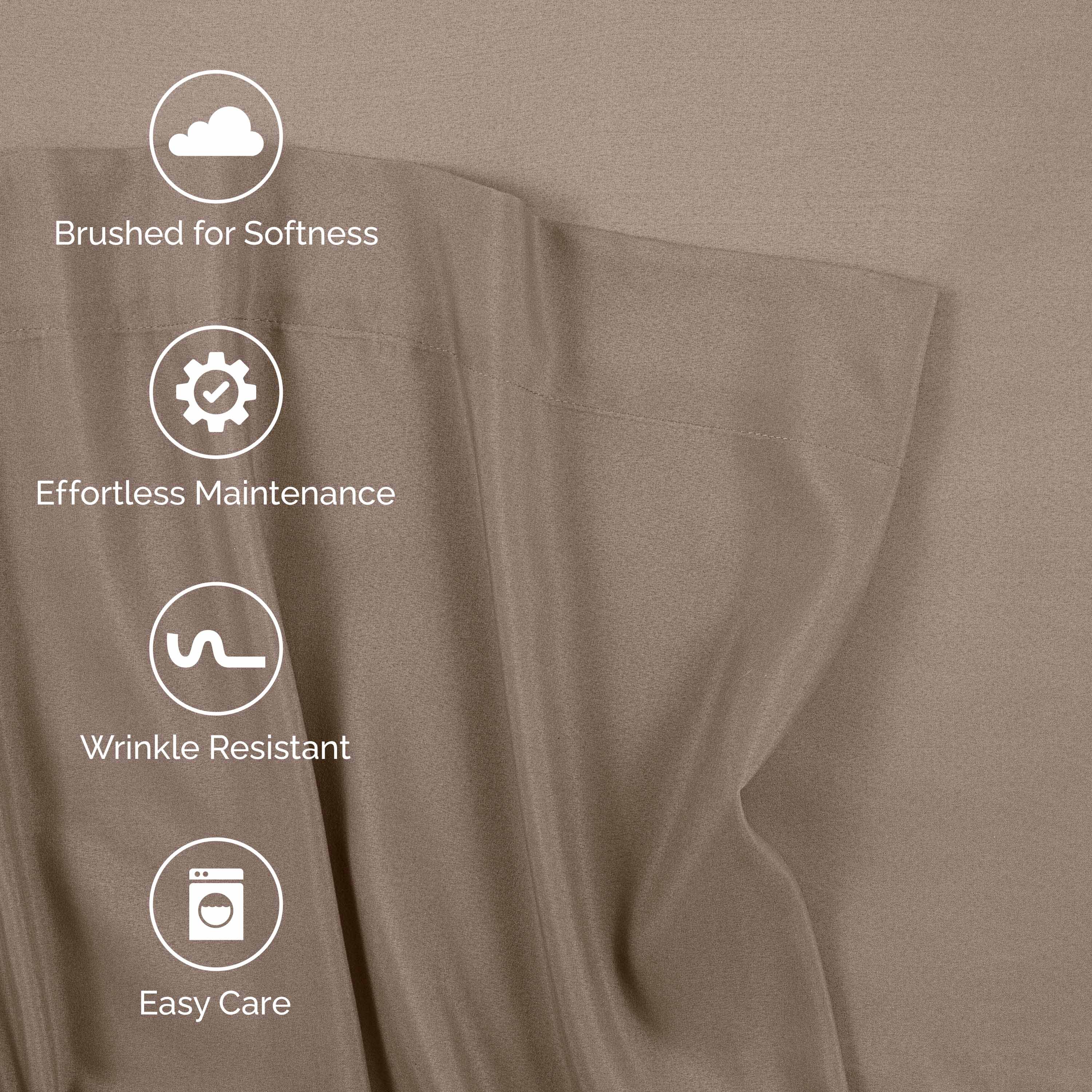 Brushed microfiber sheet set in a soft, neutral color with icons indicating features like easy care and wrinkle resistance.