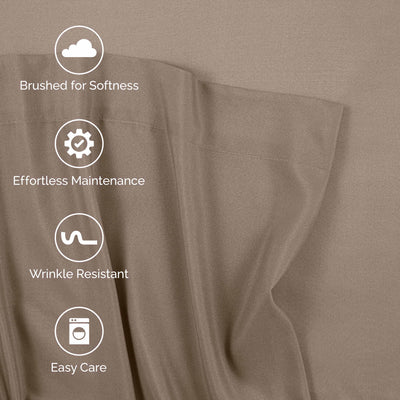 Brushed microfiber sheet set in a soft, neutral color with icons indicating features like easy care and wrinkle resistance.