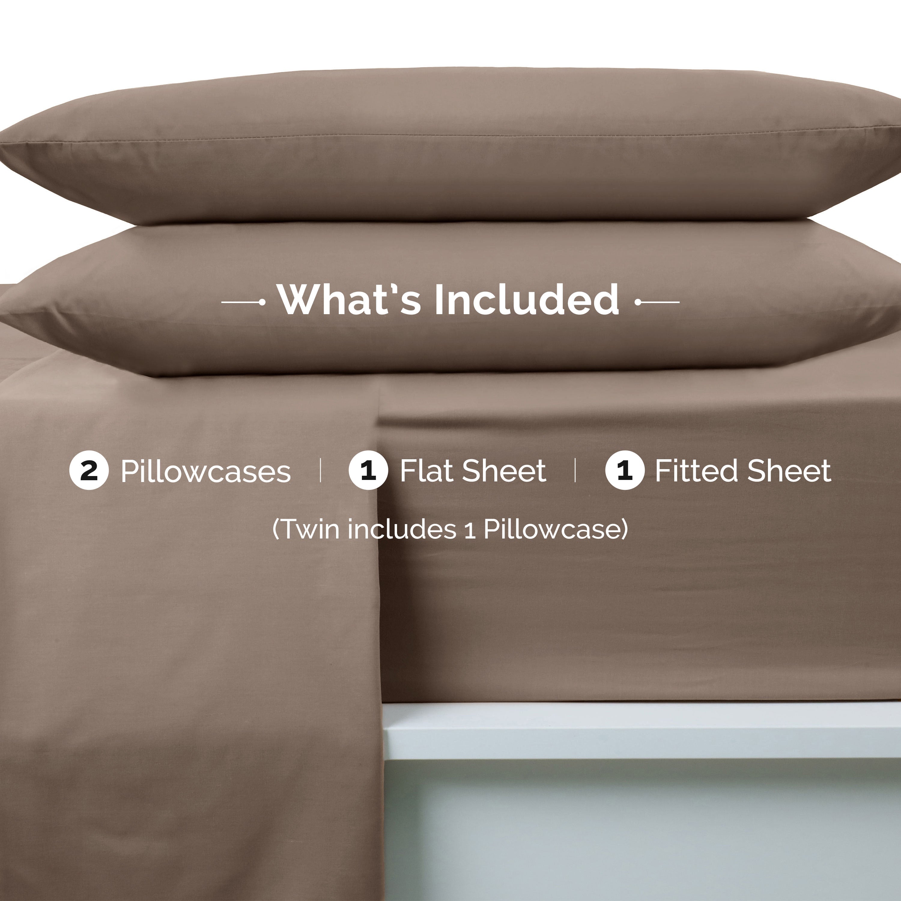 Brushed microfiber sheet set includes two pillowcases, one flat sheet, and one fitted sheet.