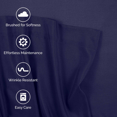 Brushed microfiber sheet set in navy with icons highlighting softness, maintenance, wrinkle resistance, and easy care.