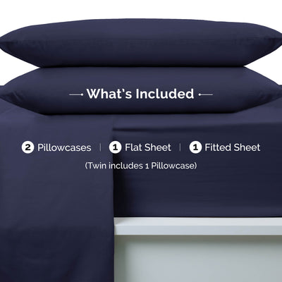 Navy blue brushed microfiber sheet set with two pillowcases, one flat sheet, and one fitted sheet.